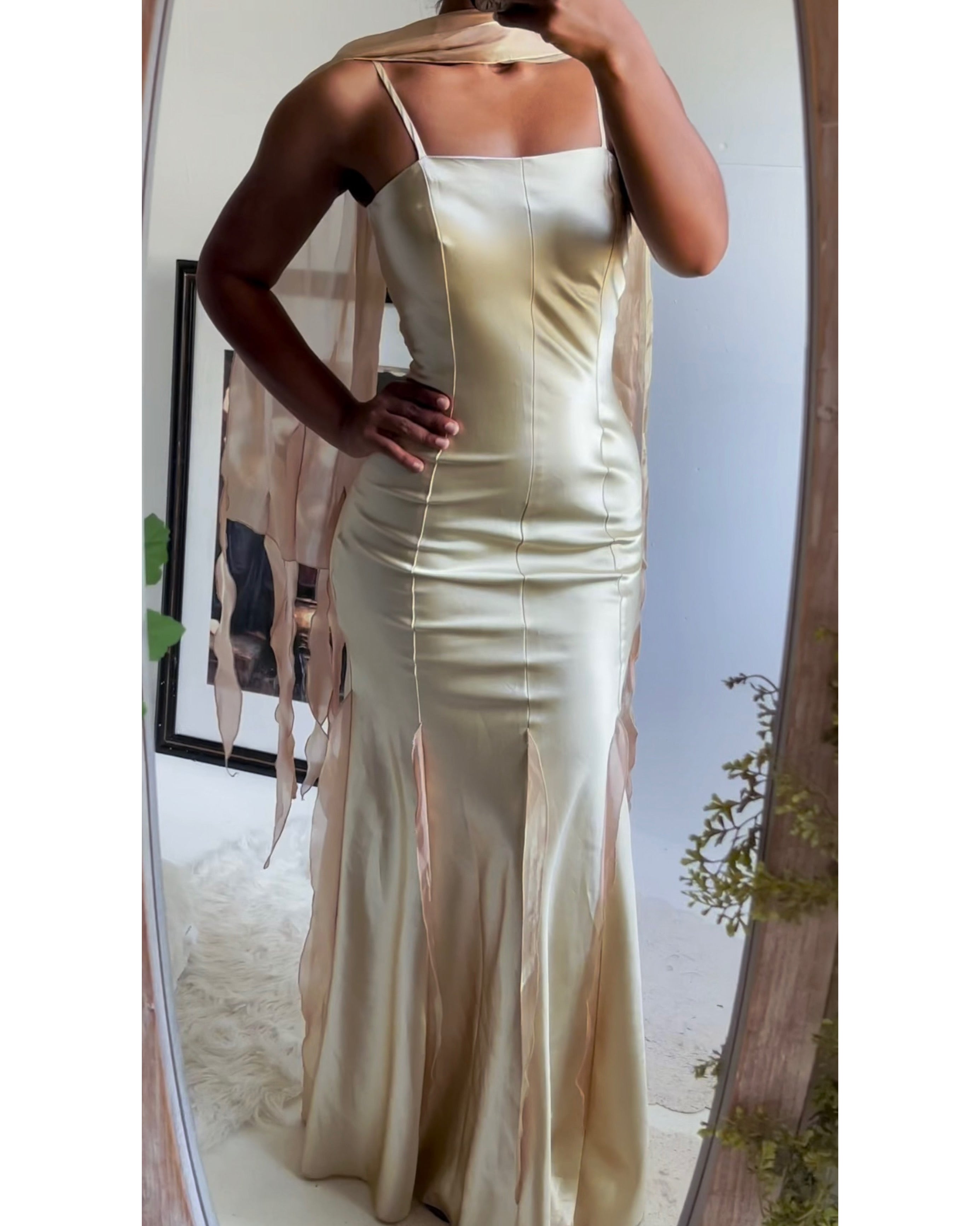 Vintage Y2K Iridescent Champagne Satin Mermaid Gown