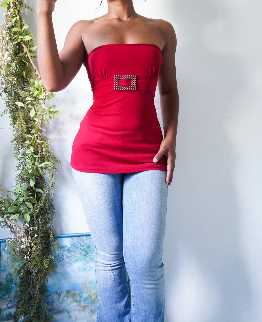Vintage Y2K Red Buckle Detail Strapless Top