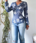 Y2K Floral Blue Silk Long Sleeve Top