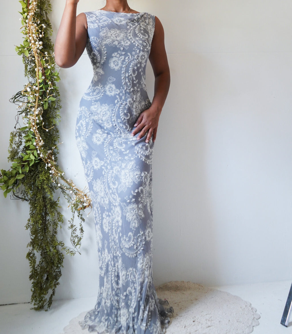Paisley Floral Beaded Silk Vintage Low Back Gown