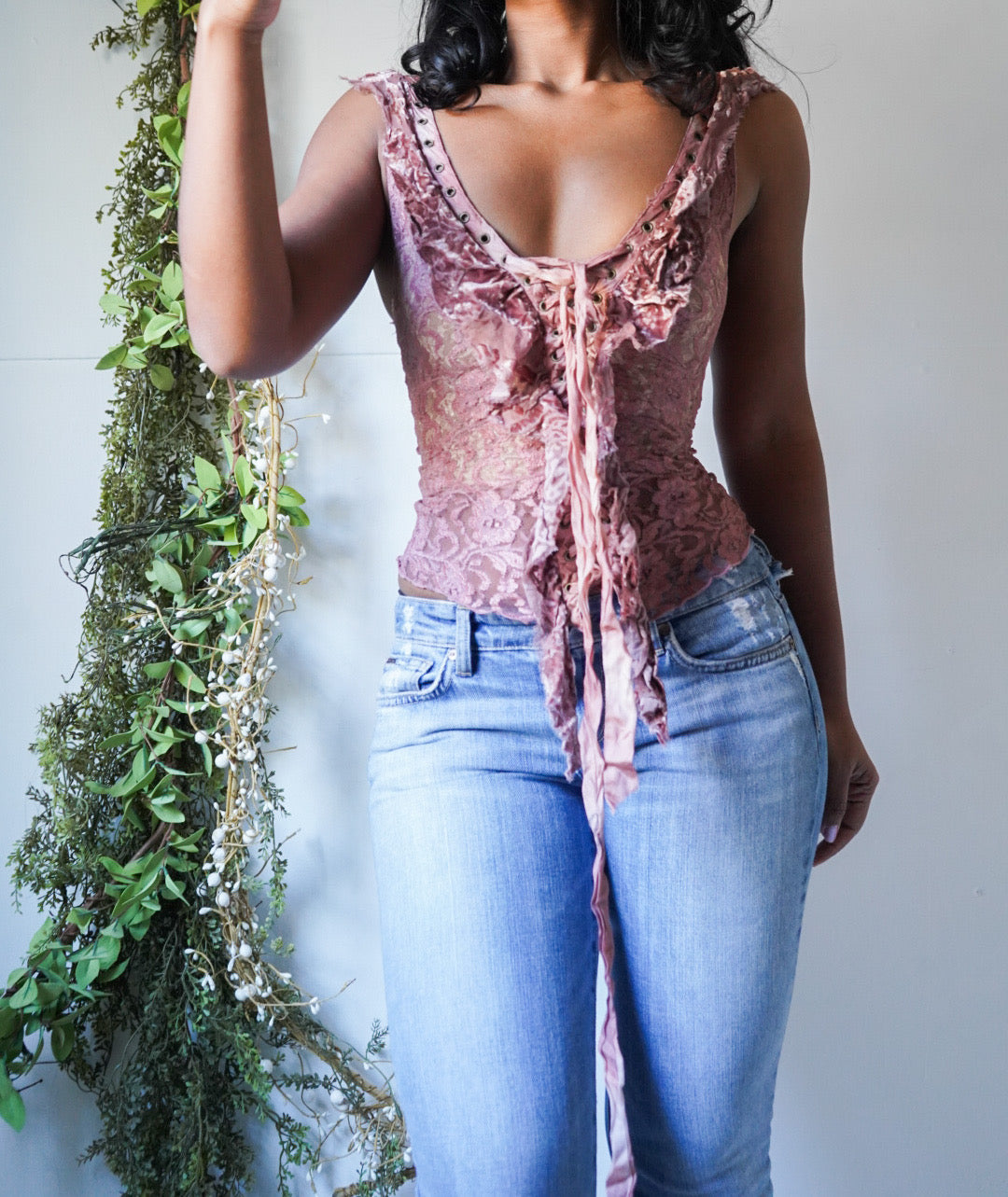 Y2K Rare Lace Fairy Lace Up Front Top