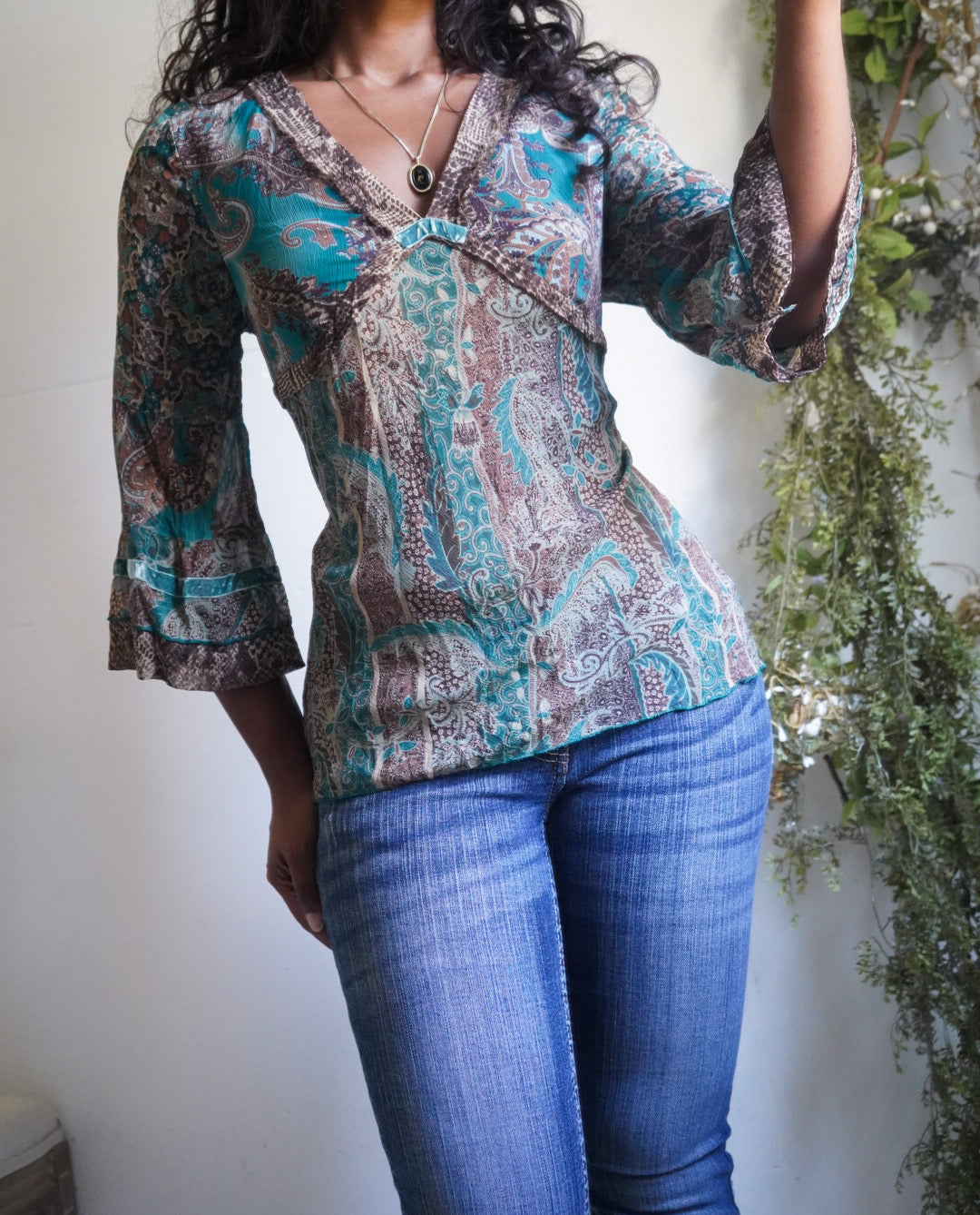 Y2K Boho Crinkle Paisley Flare Sleeve Top