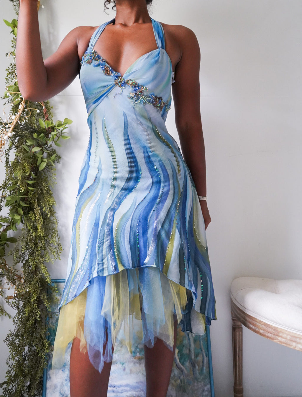 Rare Y2K Watercolor Silk Halter Dress