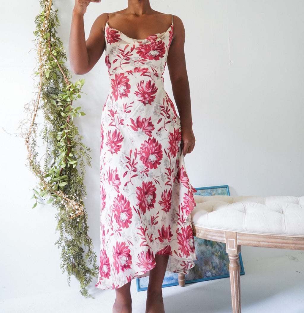 Y2K Cream and Red Floral Cowl Neck Midi Dress