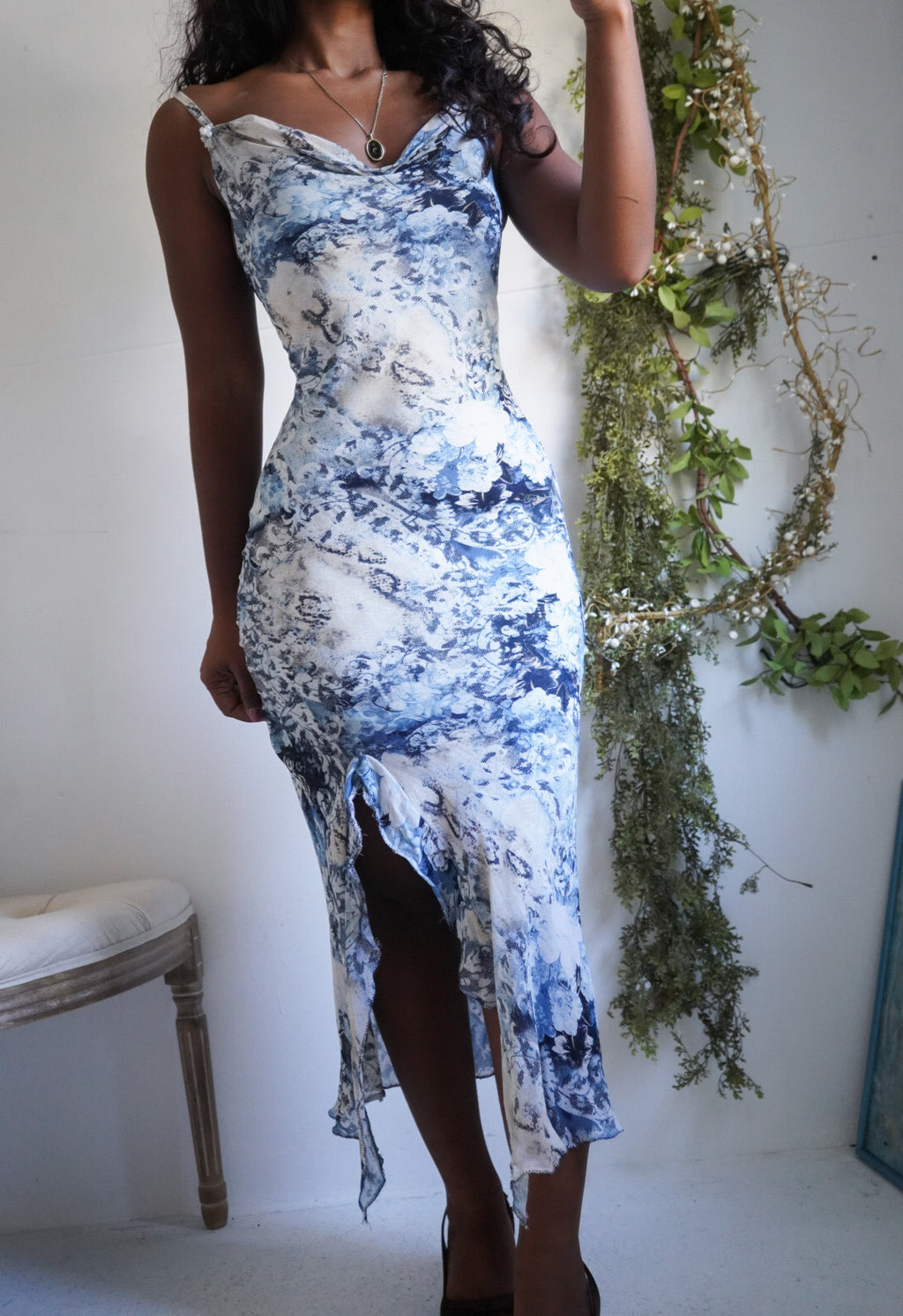 Y2K Cowl Neck Abstract Slip Dress