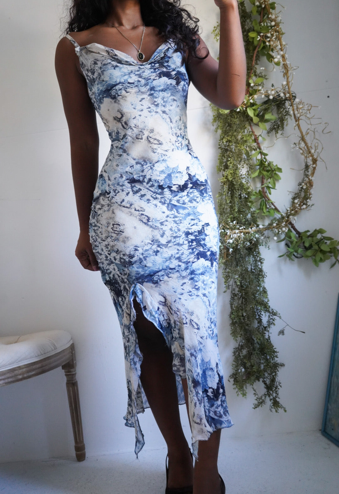 Y2K Cowl Neck Abstract Slip Dress