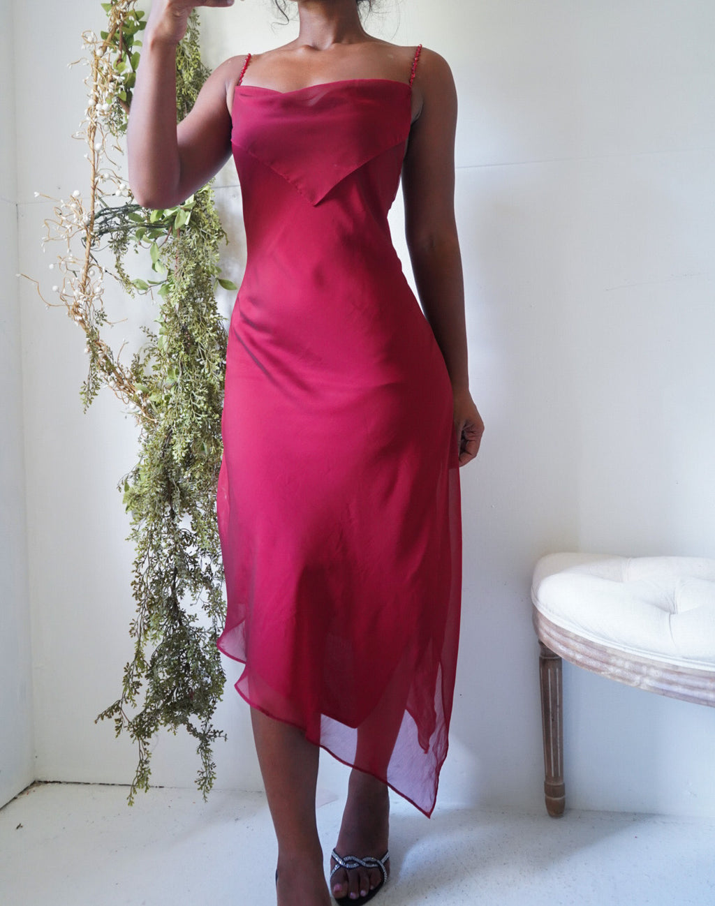 Y2K Iridescent Crimson Jewel Strap Dress