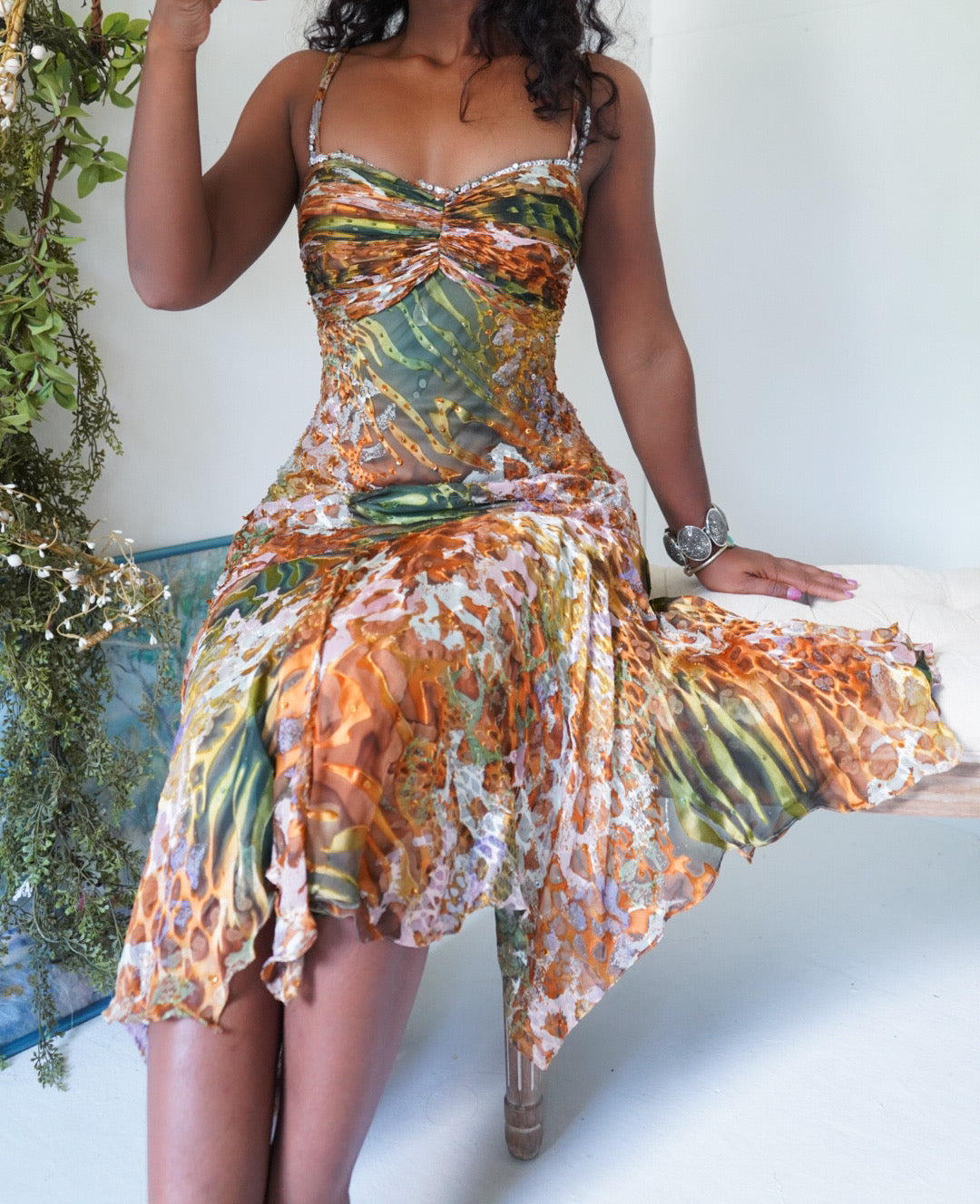 vintage beaded midi fairy dress with sharkbite hem in olive Luxury Sparkling Prom Beaded Lace Dress main image 1