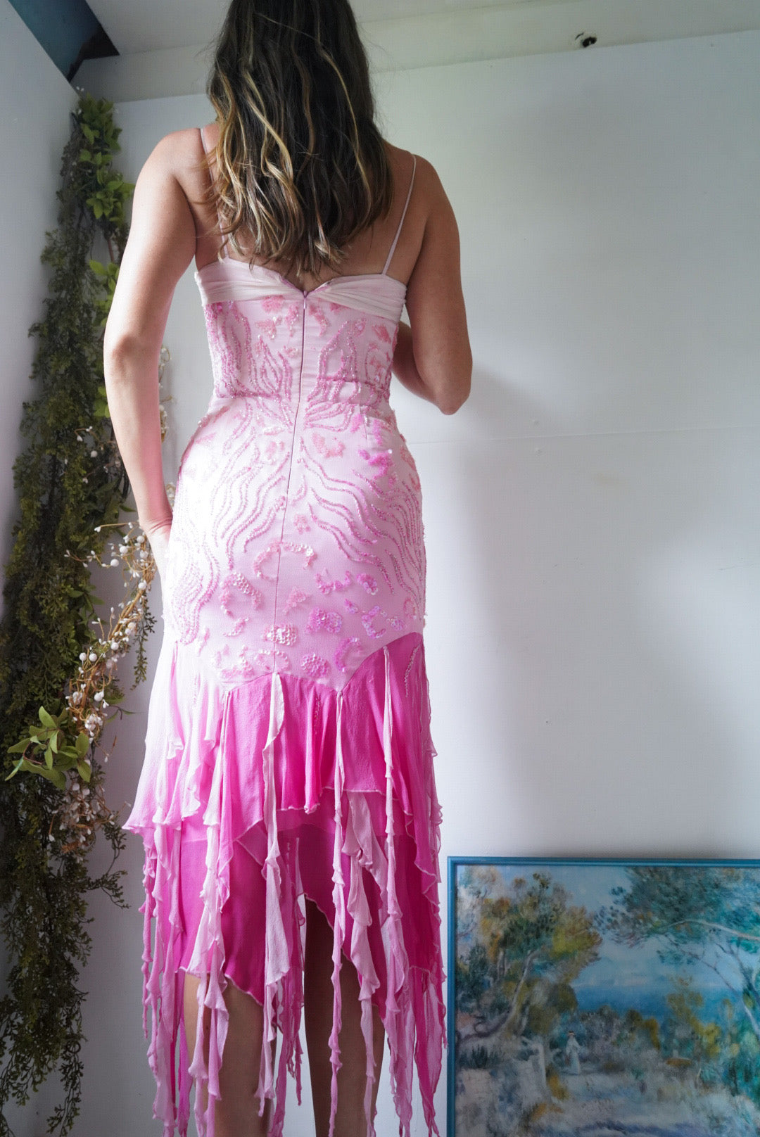 Vintage Silk Ombre Pink Beaded Gown
