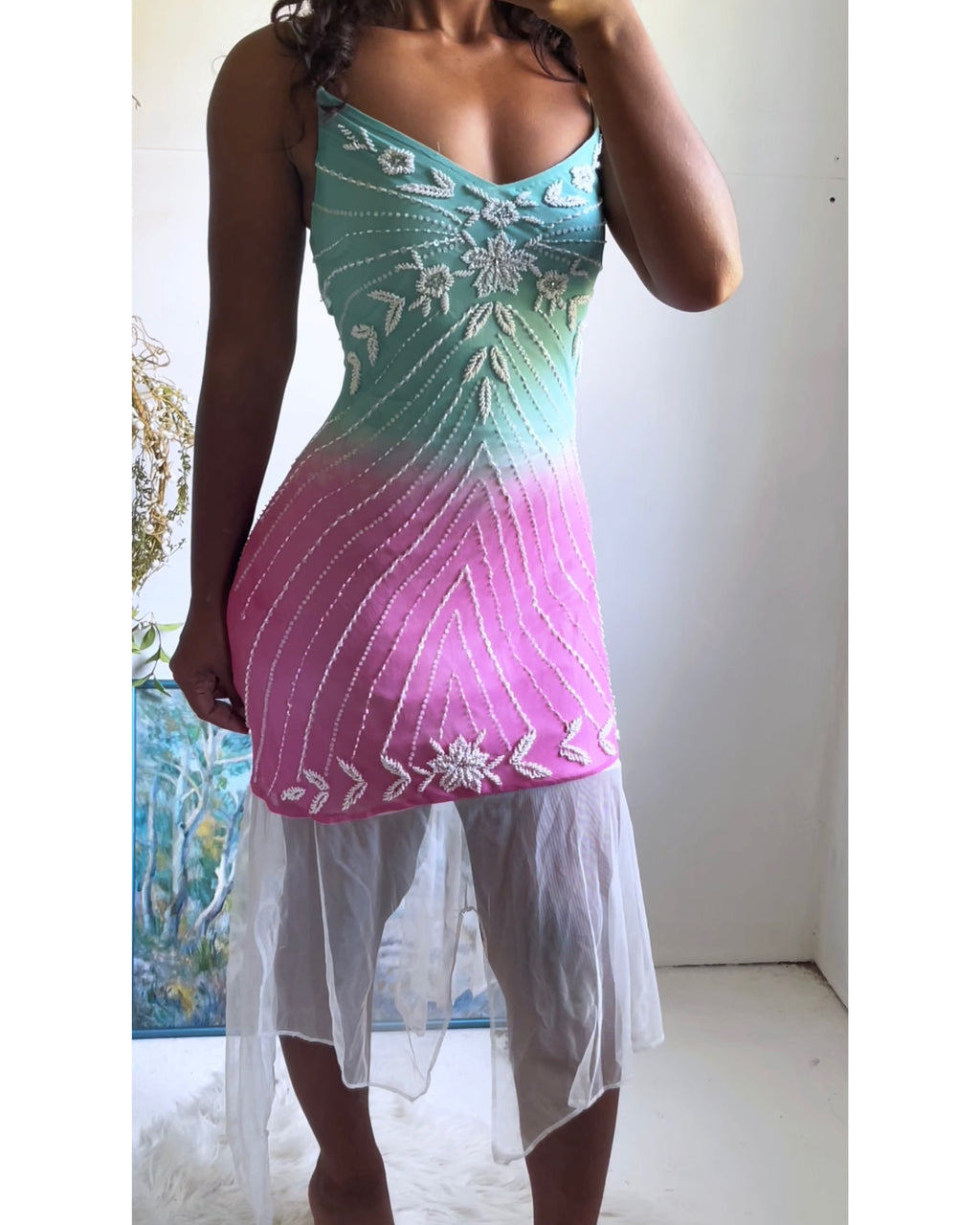 Y2K Cotton Candy Beaded Silk Fairy Dress