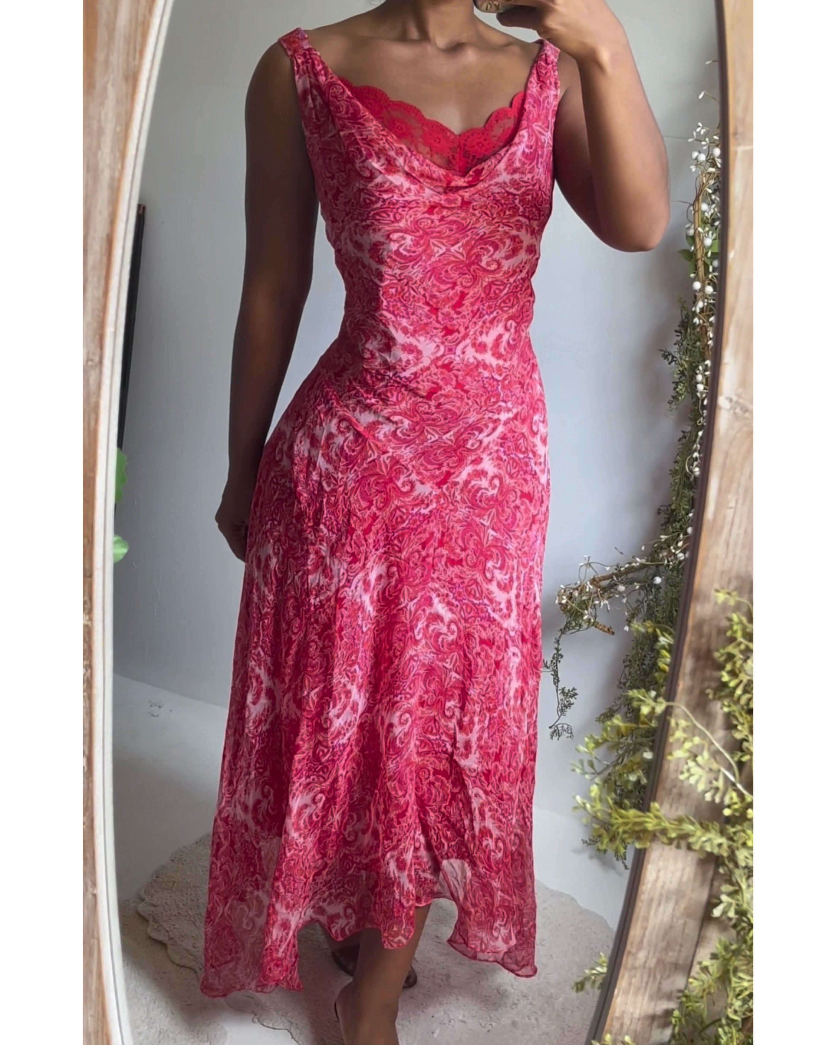 Vintage Y2K Paisley Bright Coral Pink Silk Dress