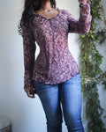 Y2K Maroon Cream Paisley Silk Sheer Peasant Top
