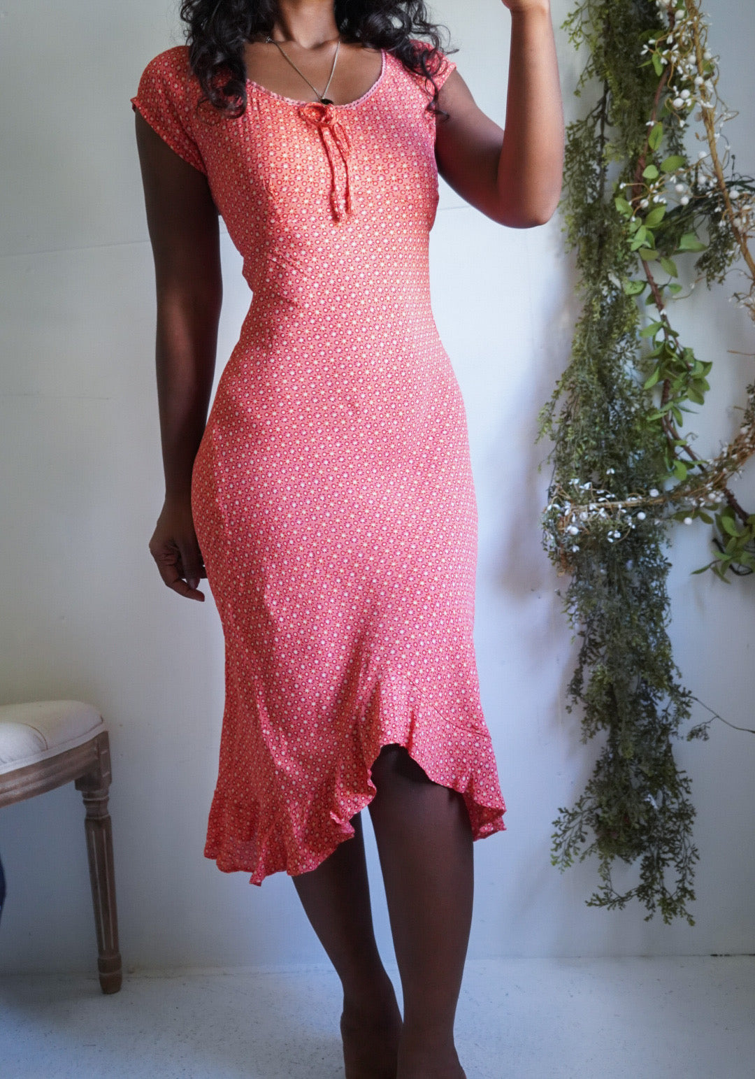 Y2K Coral Peasant Midi Dress