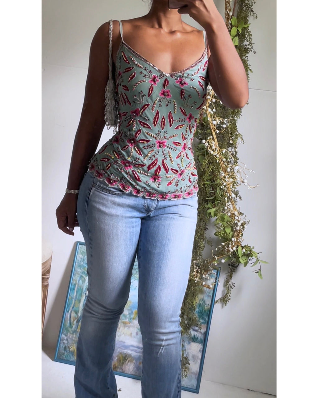 Rare Y2K Sea Green Beaded Silk Cami