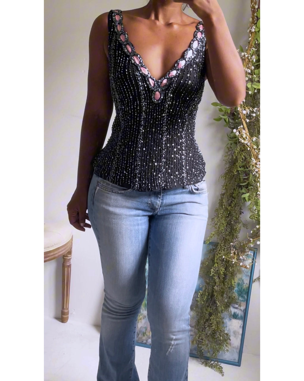Y2K Silk Beaded Ribbon Detail Top