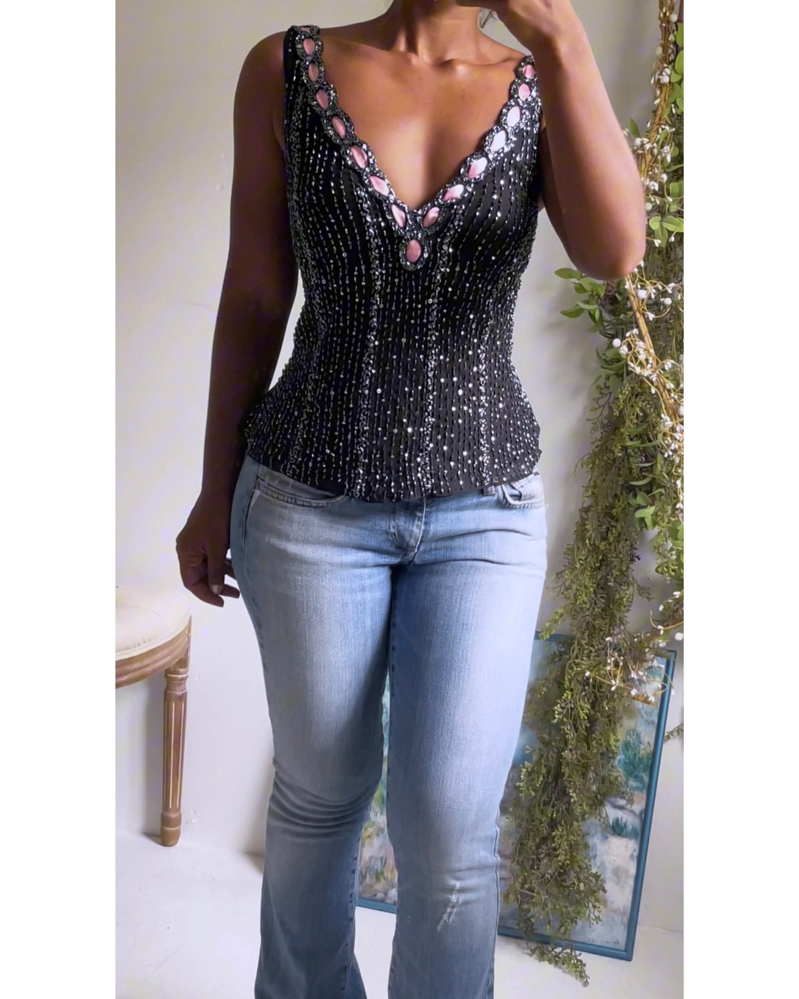 Y2K Silk Beaded Ribbon Detail Top