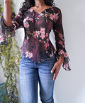 Y2K Ruffle Sleeve Black Floral Peasant Top