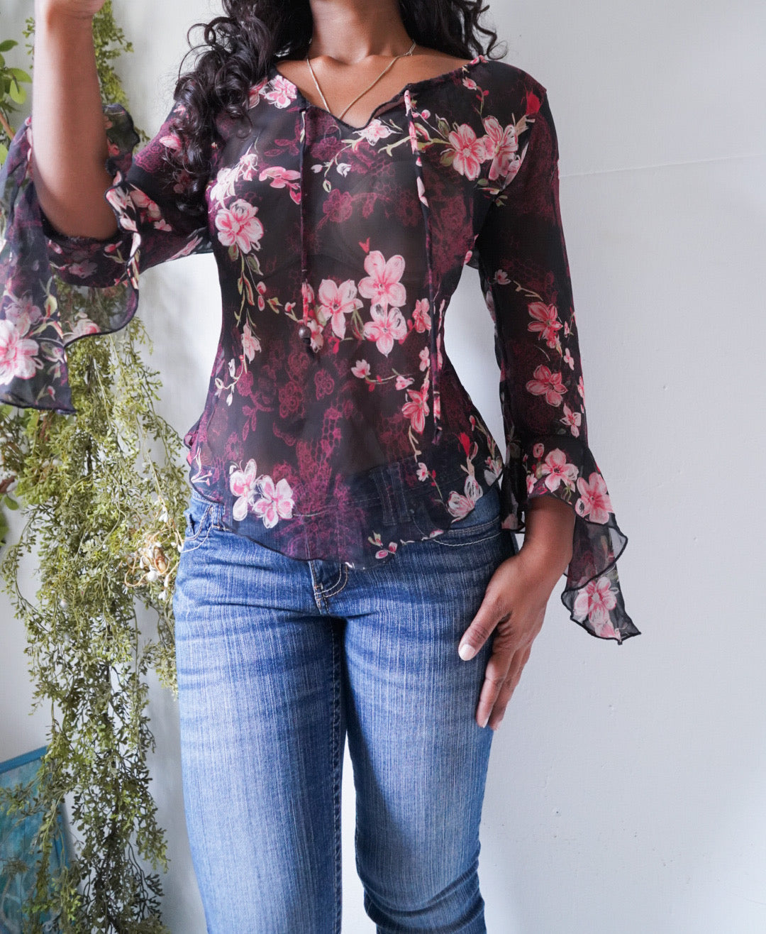 Y2K Ruffle Sleeve Black Floral Peasant Top