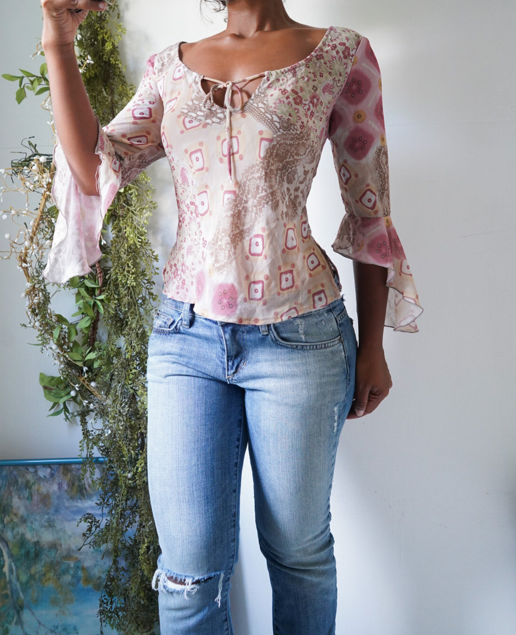 Y2K Cream and Pink Paisley Ruffle Sleeve Top