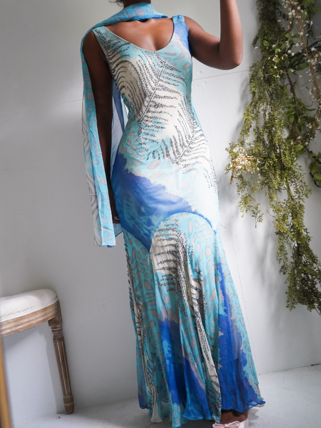 Y2K Beaded Silk Abstract Animal Print Gown with Sash