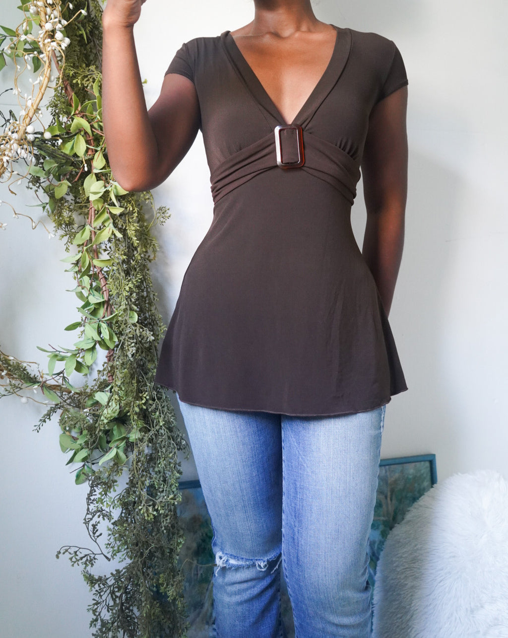 Y2K Brown Buckle Neckline Elevated Basic Top