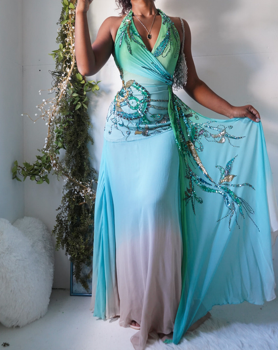 Rare Y2K Ombre Forest Fairy Silk Halter Gown