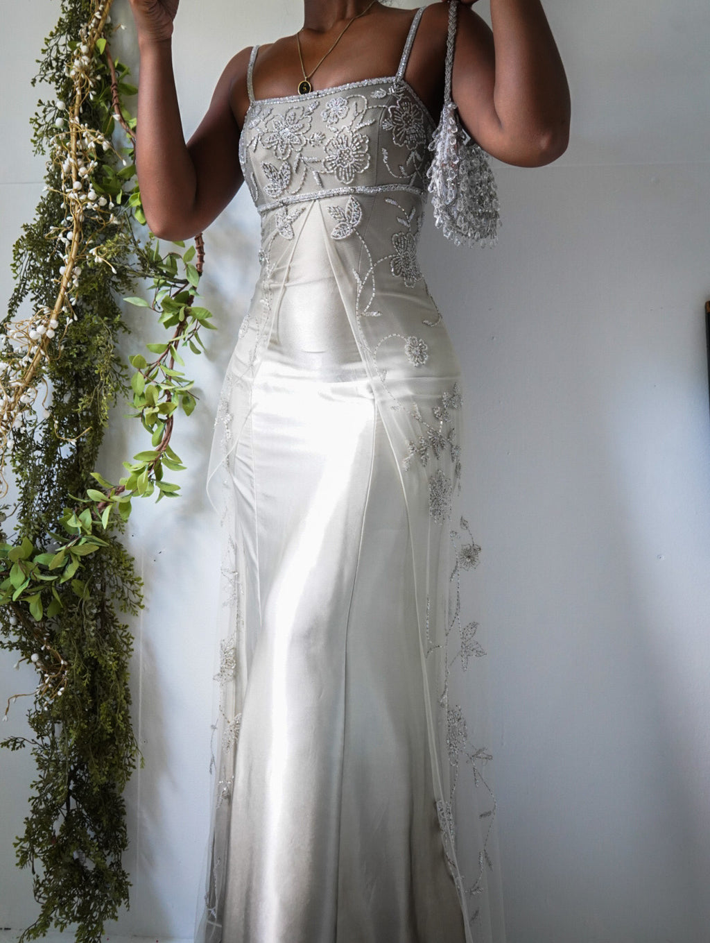 Rare Vintage Champagne Gray Beaded Split Front Gown