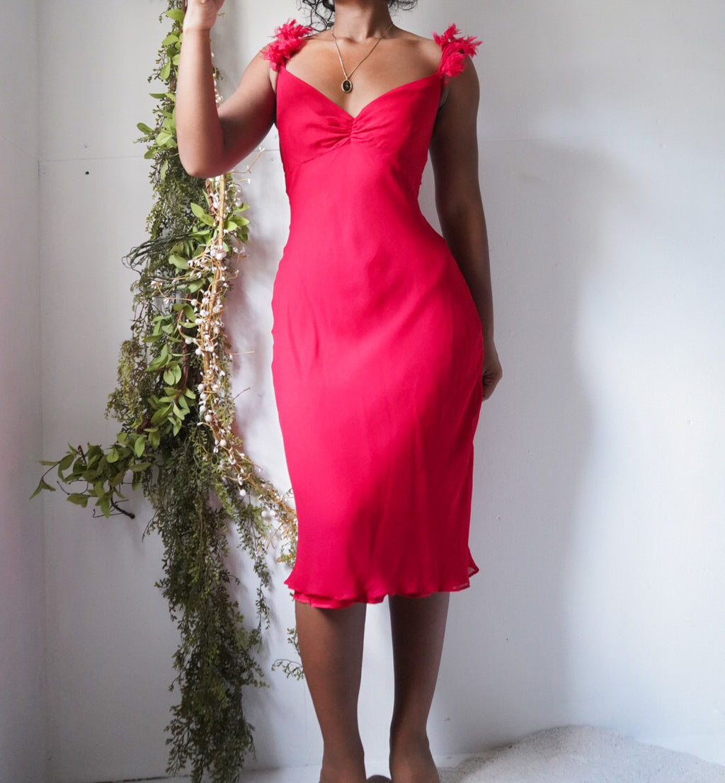 Y2K Red Silk Feather Strapless Dress