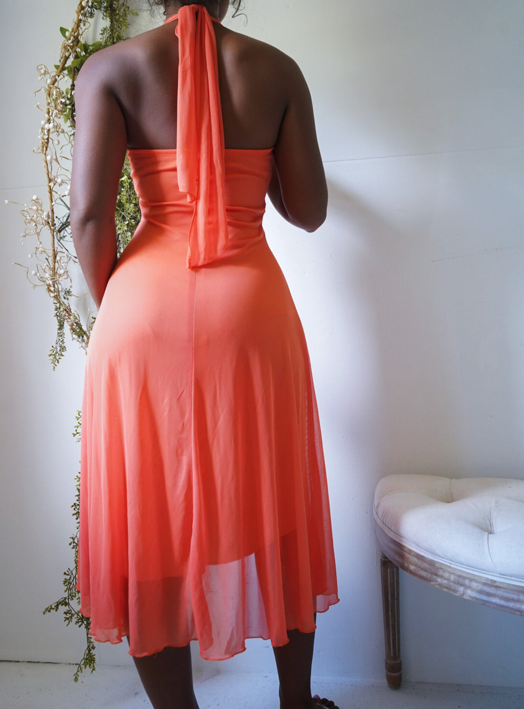 Y2K Orange Boho Halter Dress