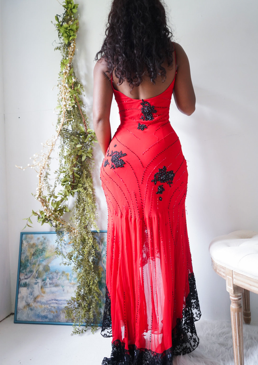 Rare Vintage Y2K Red and Black Lace Beaded Gown