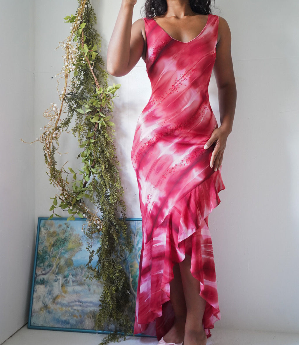 Y2K Tie Dye Glitter Detail Ruffle Hem Dress