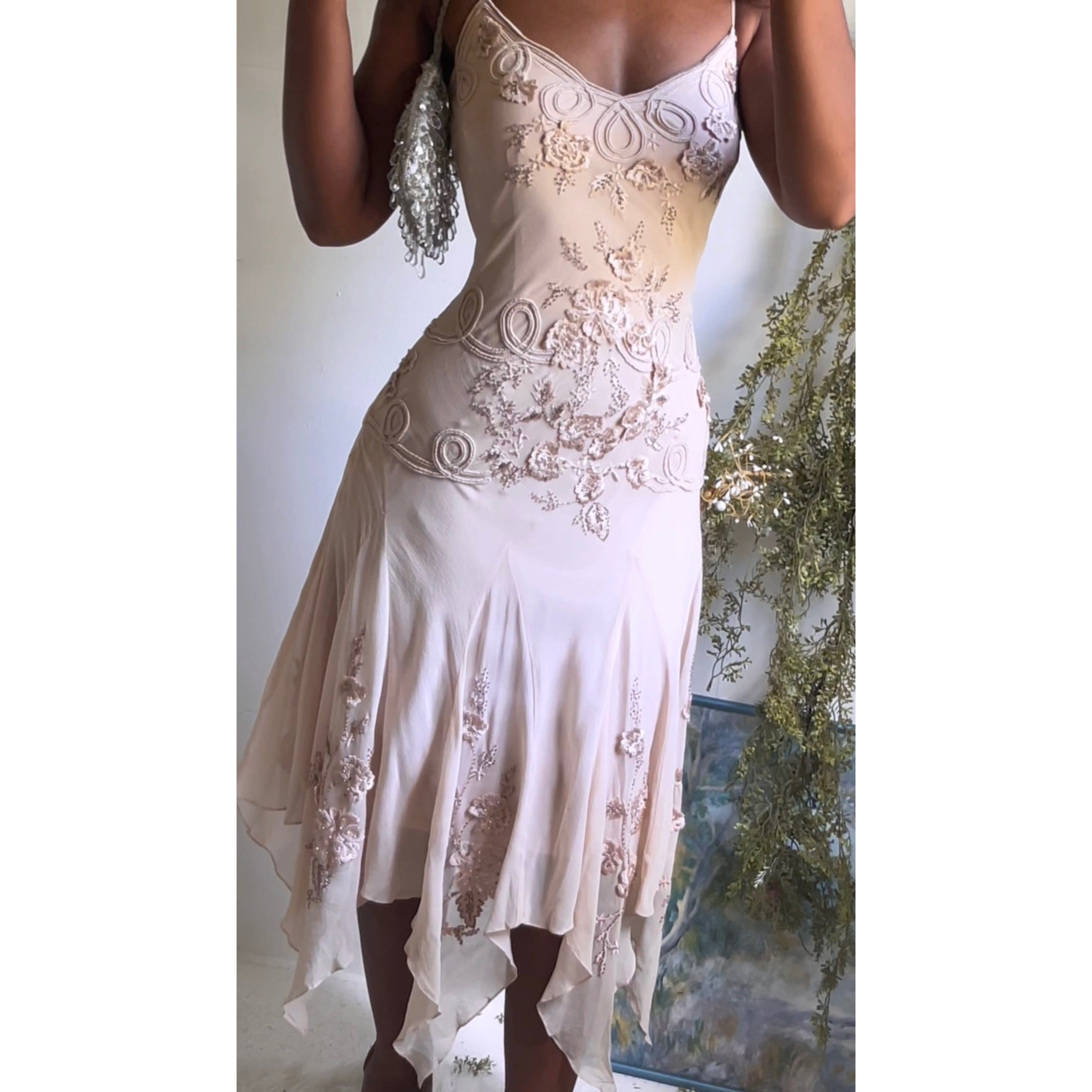 Y2K Light Blush Nude Fairy Hem Beaded Silk Dress