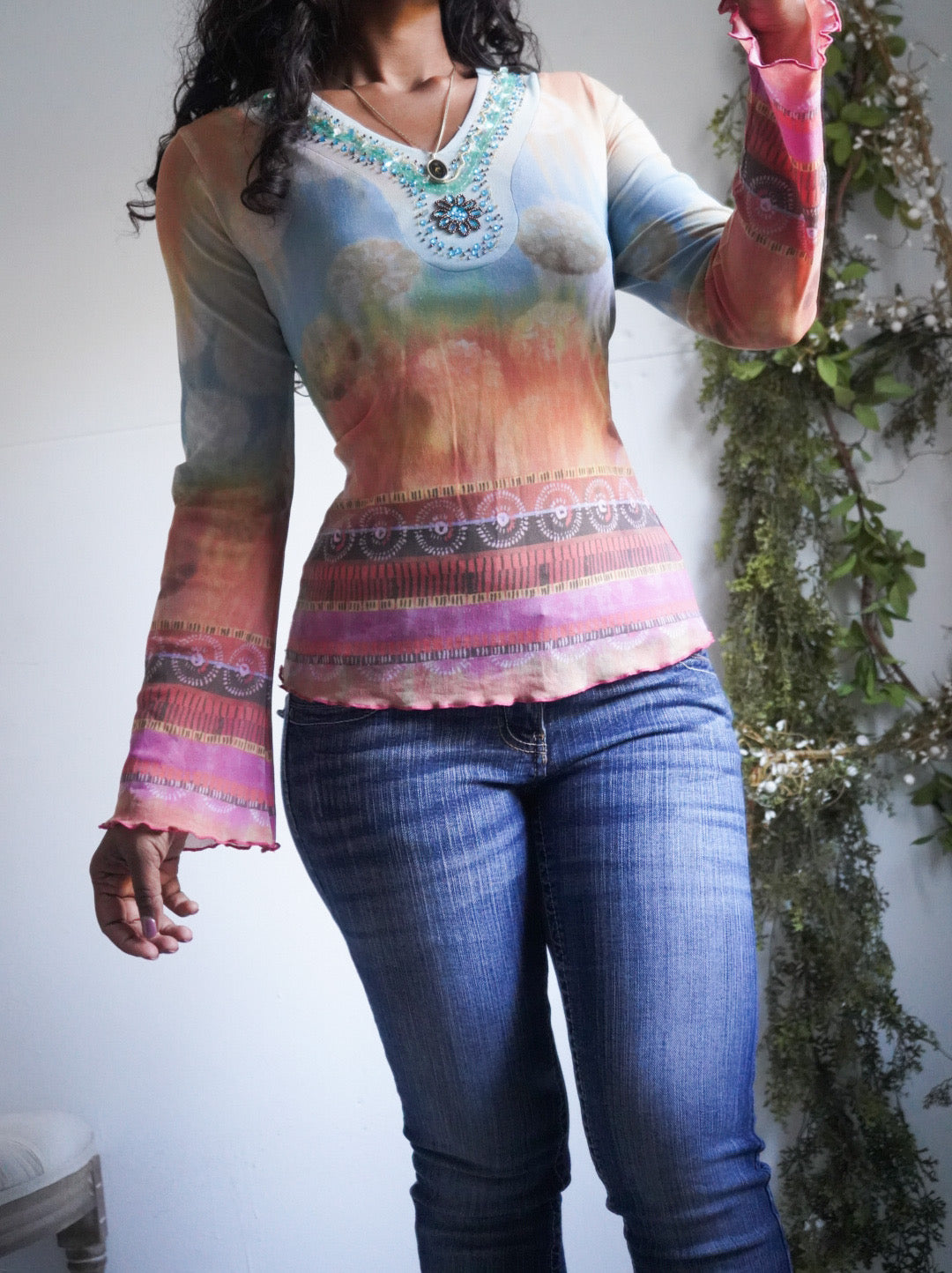 Rare Y2K Pastel Boho Mesh Flare Sleeve Top