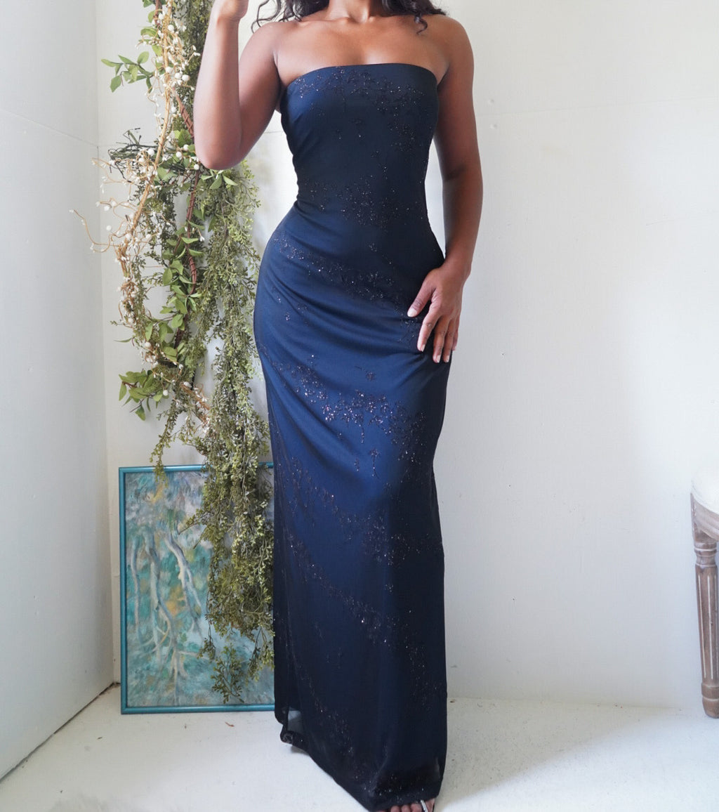Vintage Y2K Blue and Black Layered Strapless Gown