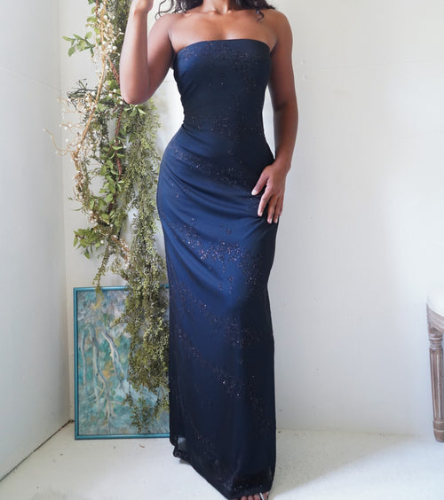 Vintage Y2K Blue and Black Layered Strapless Gown