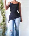 Y2K Black Textured Glitter Asymmetric Hem Top