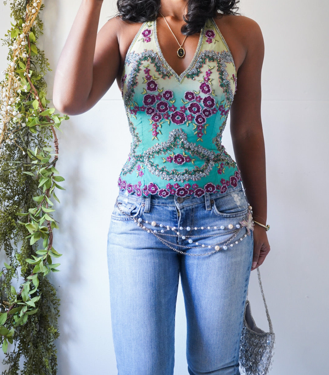 Rare Y2K Aftershock Halter Beaded Silk Corset