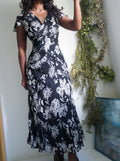 Y2K Monochrome Silk Floral Midi Dress