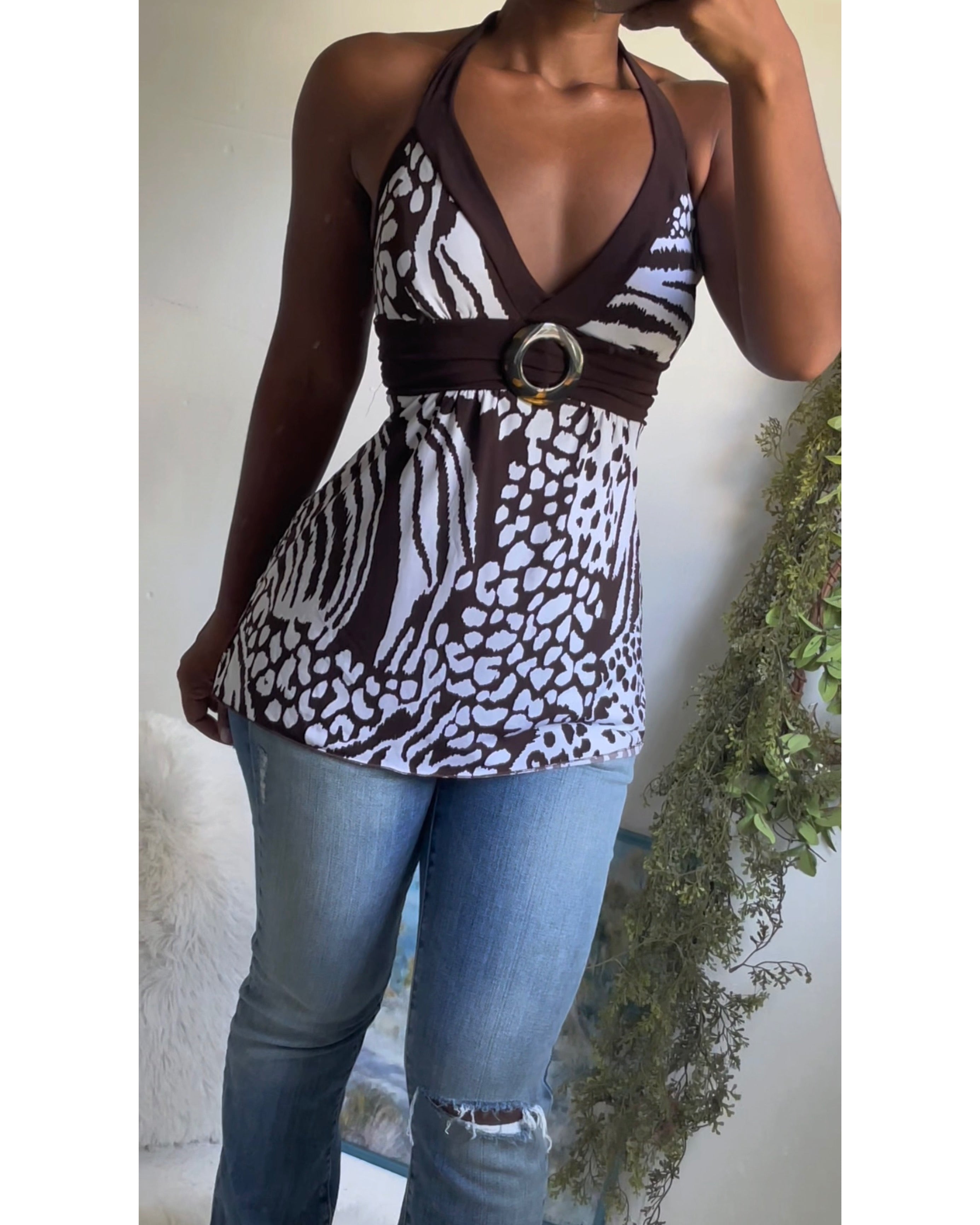 Y2K Animal Print Halter Babydoll Top