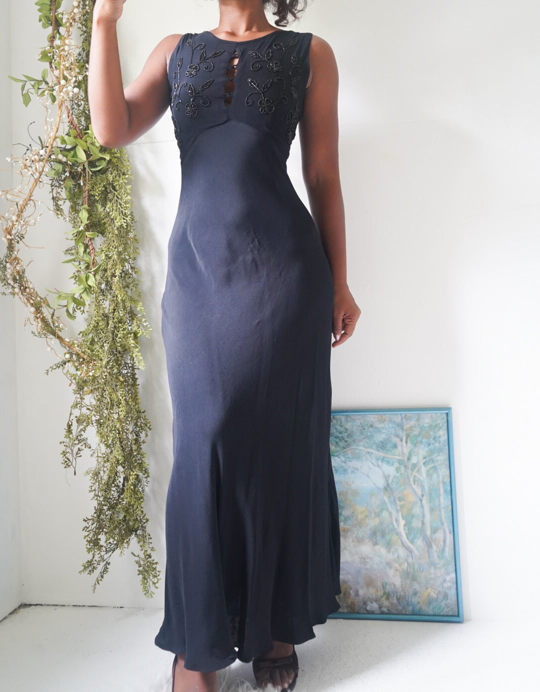 Y2K Beaded Bust Black Maxi Dress