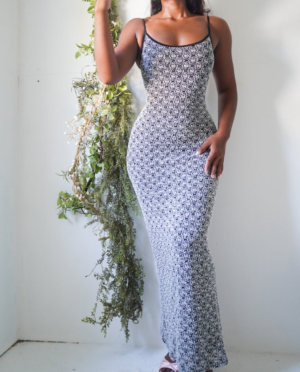 Y2K Monochrome Lace Knit Bodycon Maxi Dress