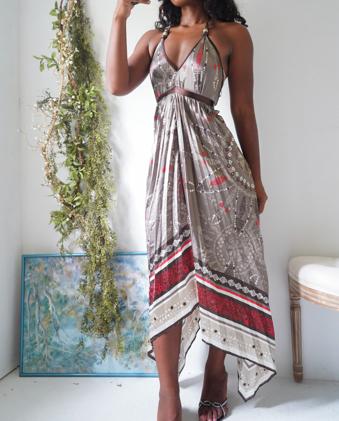 Rare Y2K Boho Halter Satin Pleat Scarf Dress