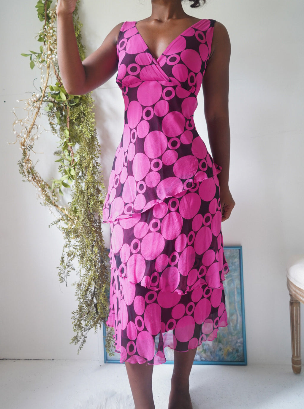 Y2K Pink and Black Silk Dot Print Dress