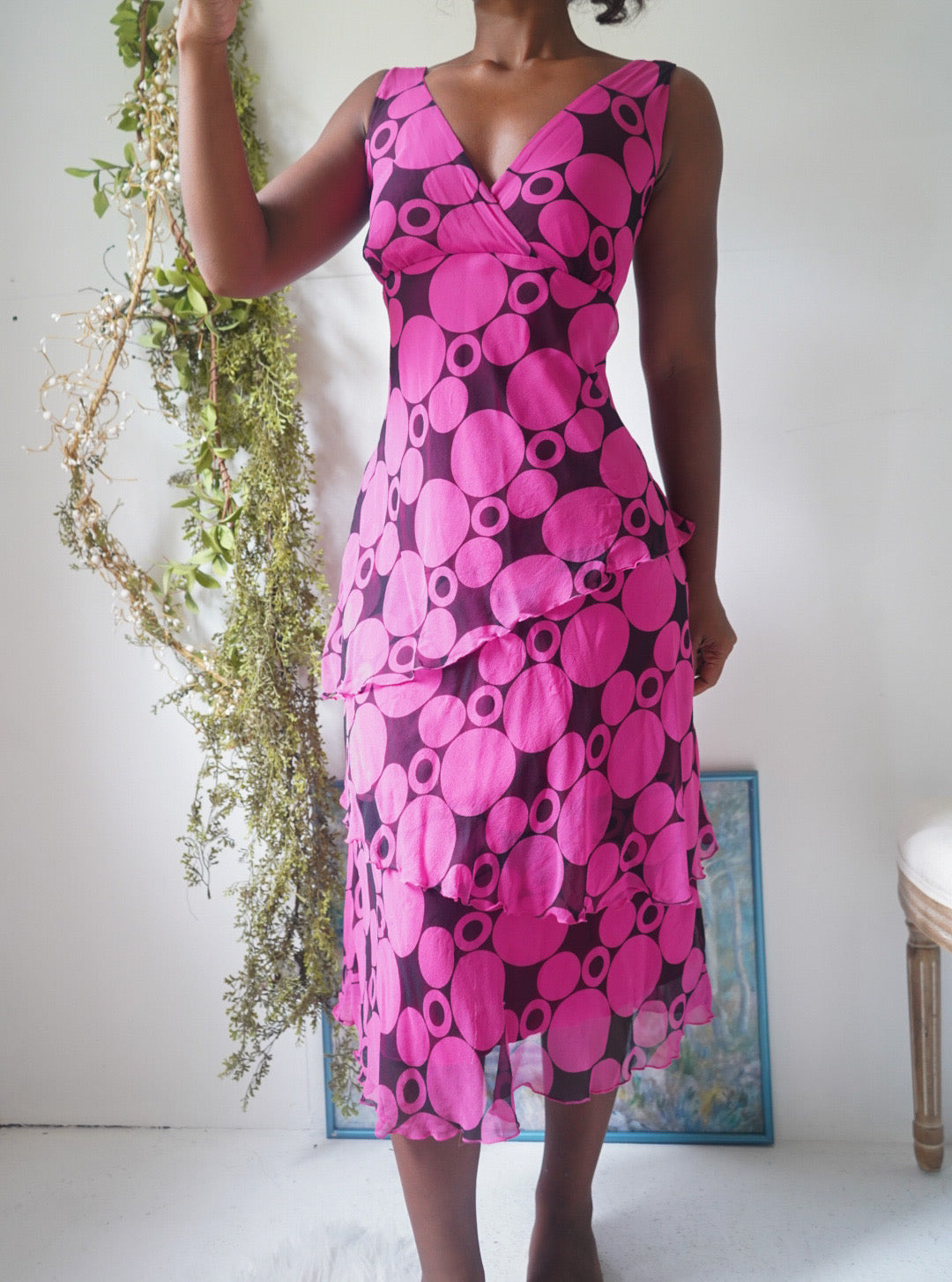 Y2K Pink and Black Silk Dot Print Dress