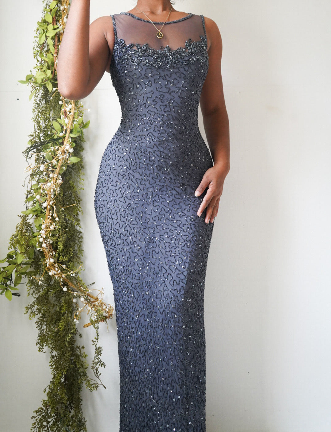 Vintage Y2K Fully Beaded Illusion Neckline Gown