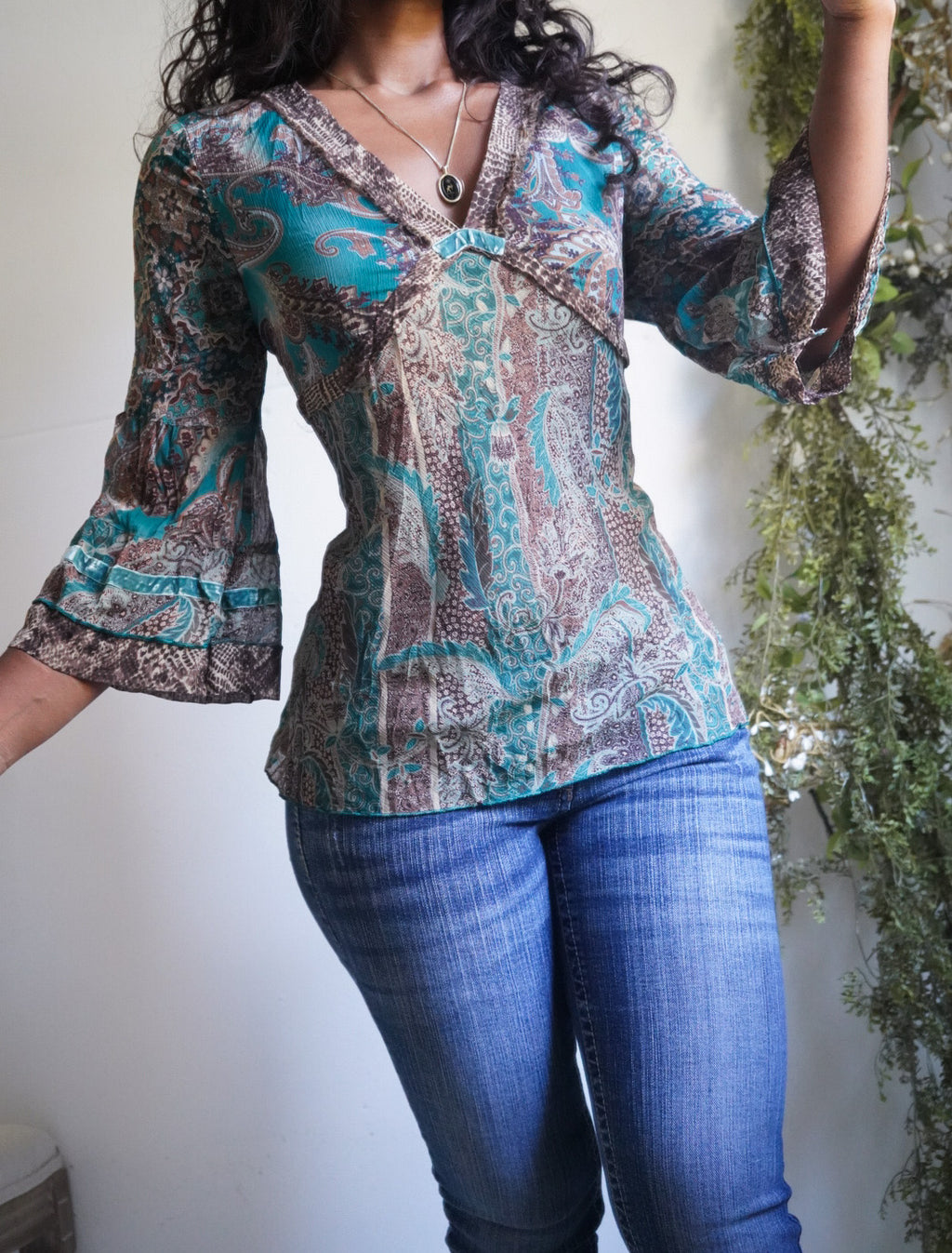 Y2K Boho Crinkle Paisley Flare Sleeve Top