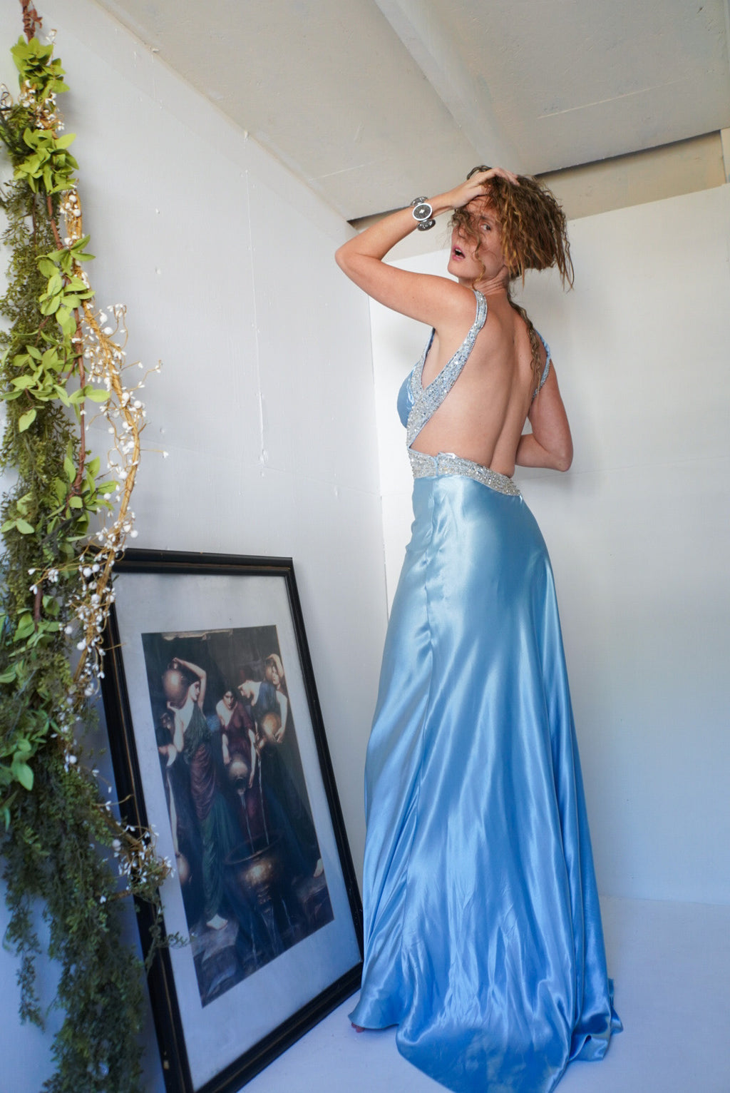 Y2k Icy Blue Satin Backless Gown