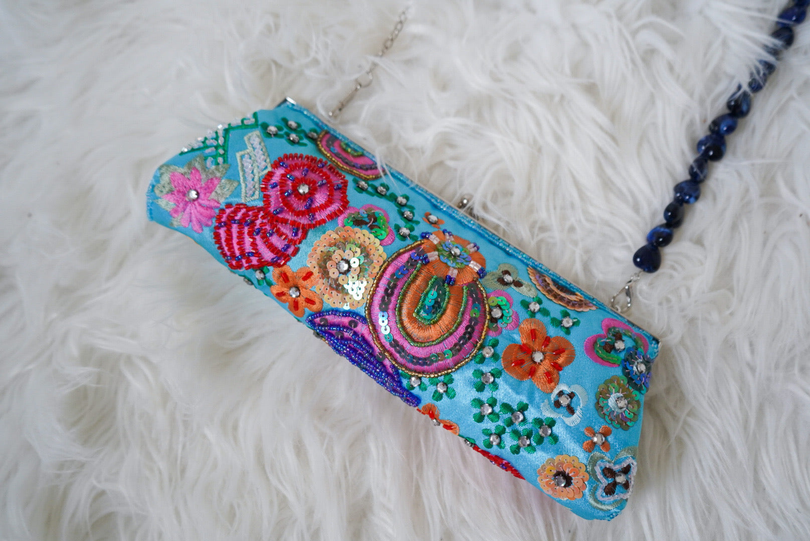 Vintage Turquoise Satin Embroidered and Beaded Purse