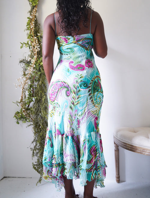 Y2K Colorful Turquoise Paisley Slip Dress