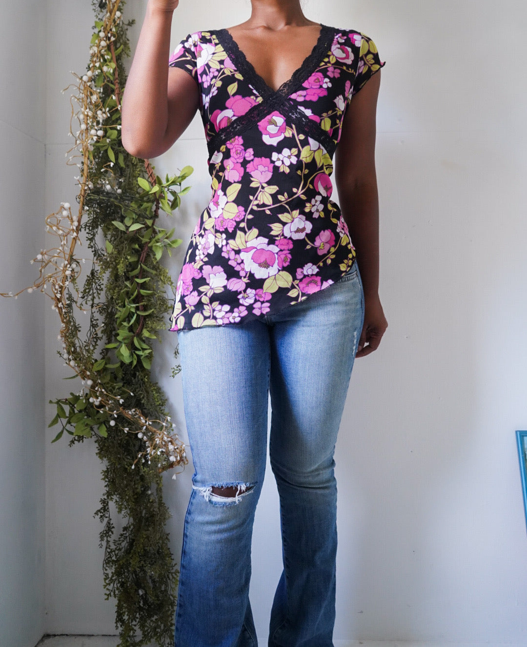 Y2K Floral Asymmetric Hem Mesh Top